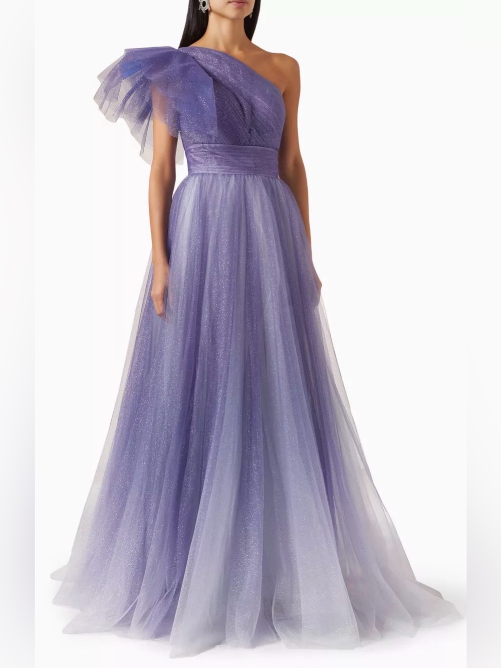 NEW | Mac Duggal Royal Ombre Glitter Ruffle One-Shoulder Tulle Ballgown Size 10